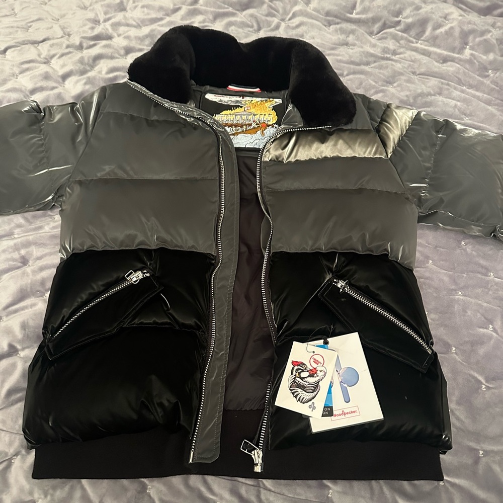 Woodpecker Puffer Coat Jacket for Men - Grey and Black Shiny Material